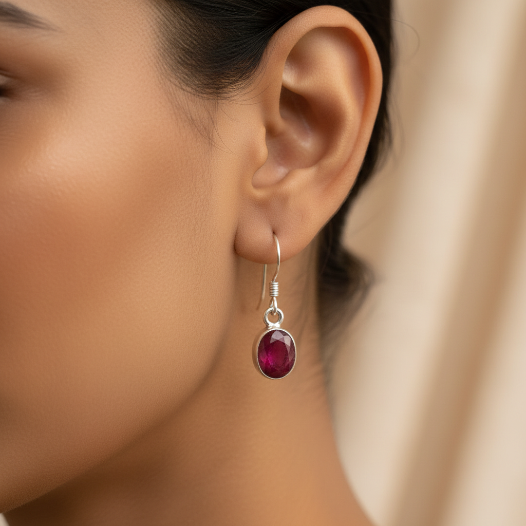 Oval Simulated Ruby 92.5 Sterling Silver Drop Earrings