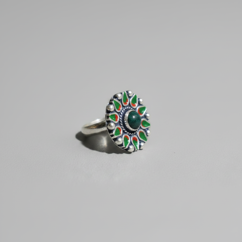 Green Stone & Floral Enamel Ring – 92.5 Sterling Silver