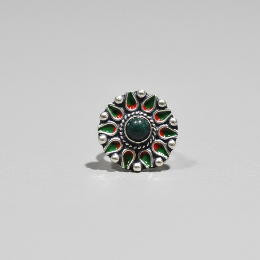 Green Stone & Floral Enamel Ring – 92.5 Sterling Silver