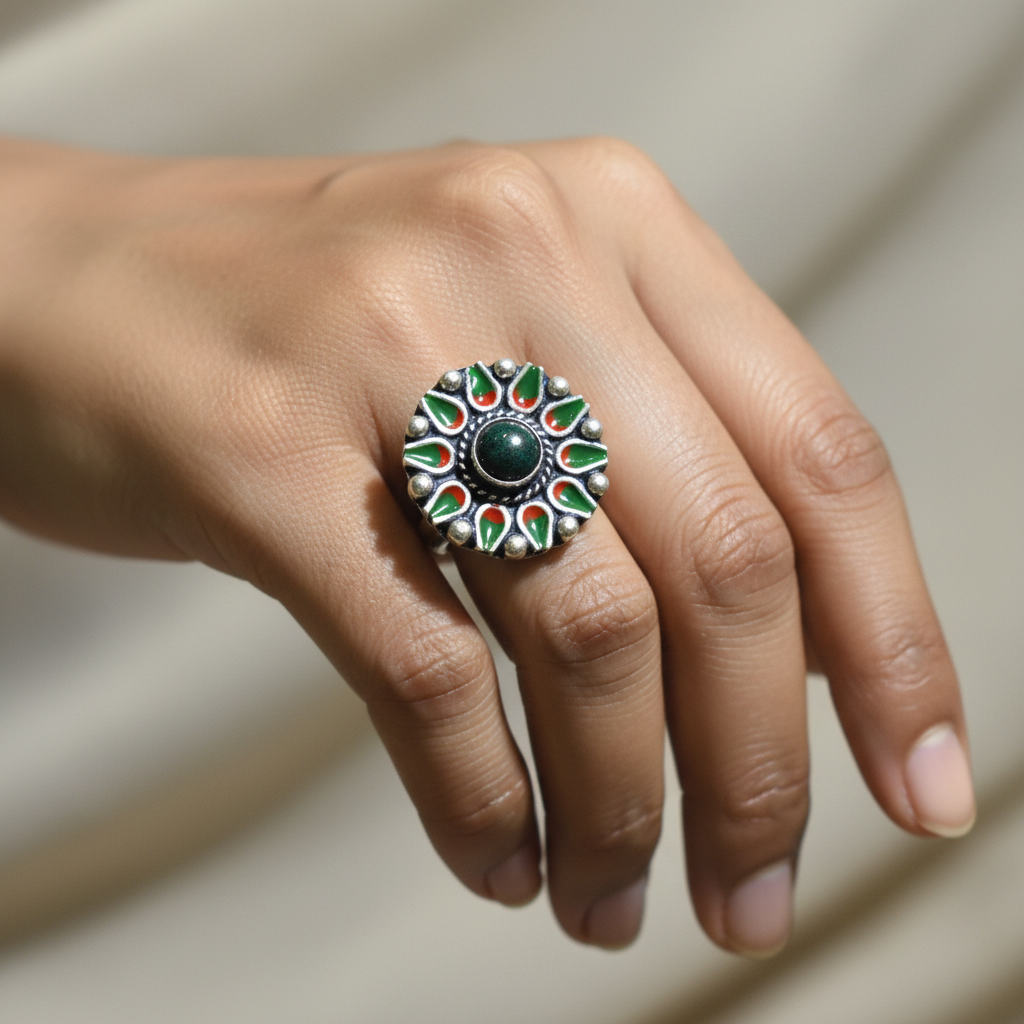 Green Stone & Floral Enamel Ring – 92.5 Sterling Silver