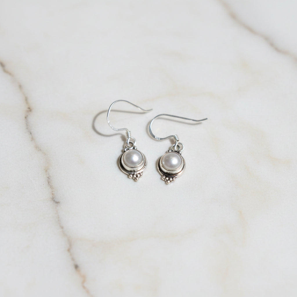 Round Mother of Pearl 92.5 Sterling Silver Drop Earrings
