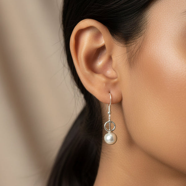 Mother of Pearl Circle & Bar 92.5 Sterling Silver Drop Earrings