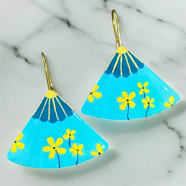 Handpainted Lime Teal Fan Earrings