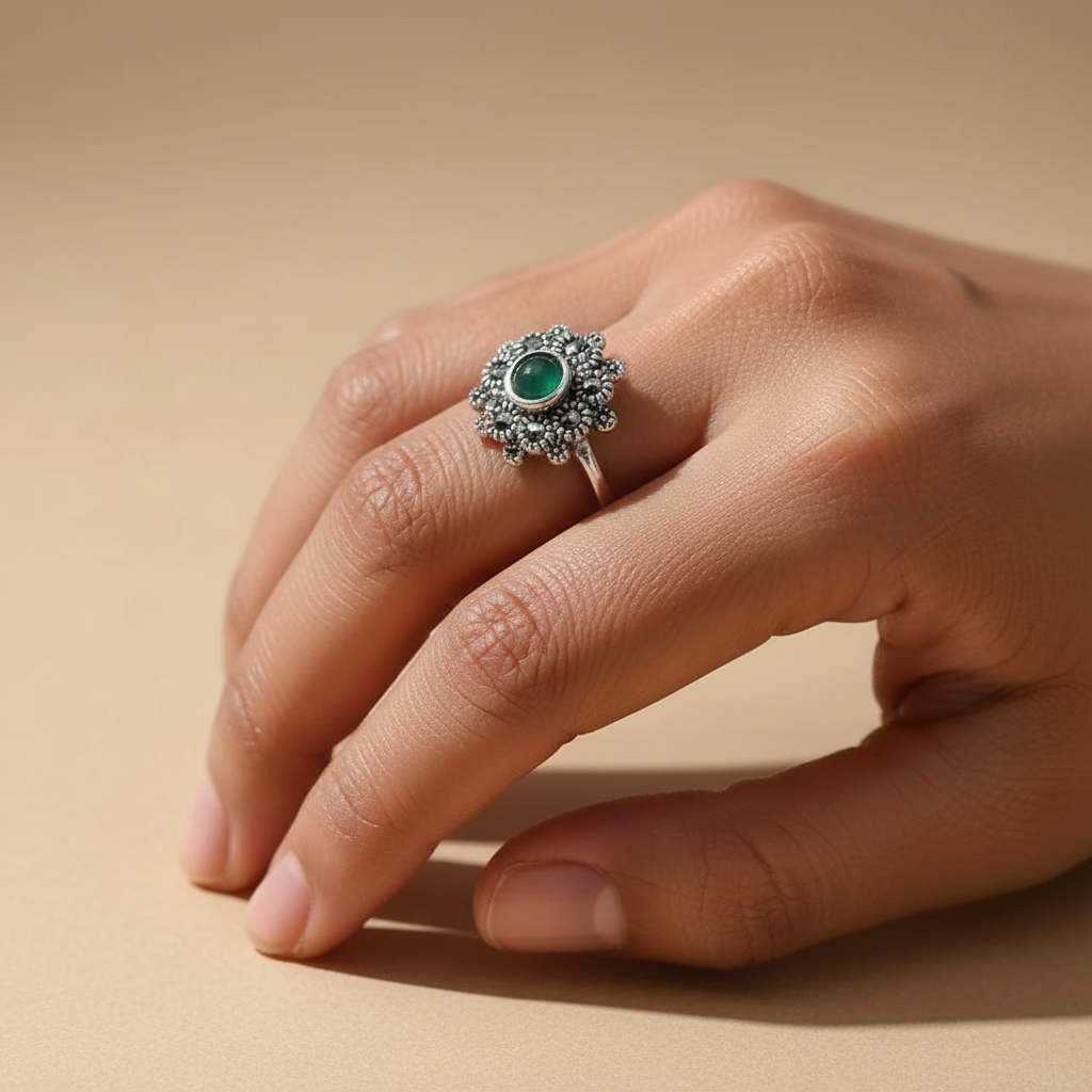 Marcasite & Green Onyx Silver Ring - US Size 5