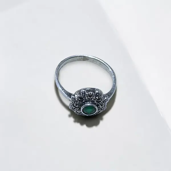 Marcasite & Green Onyx Silver Ring - US Size 5