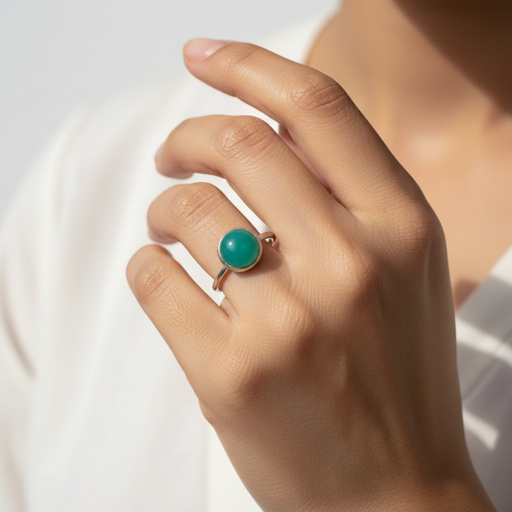 Green Stone Silver Ring - US Size 8