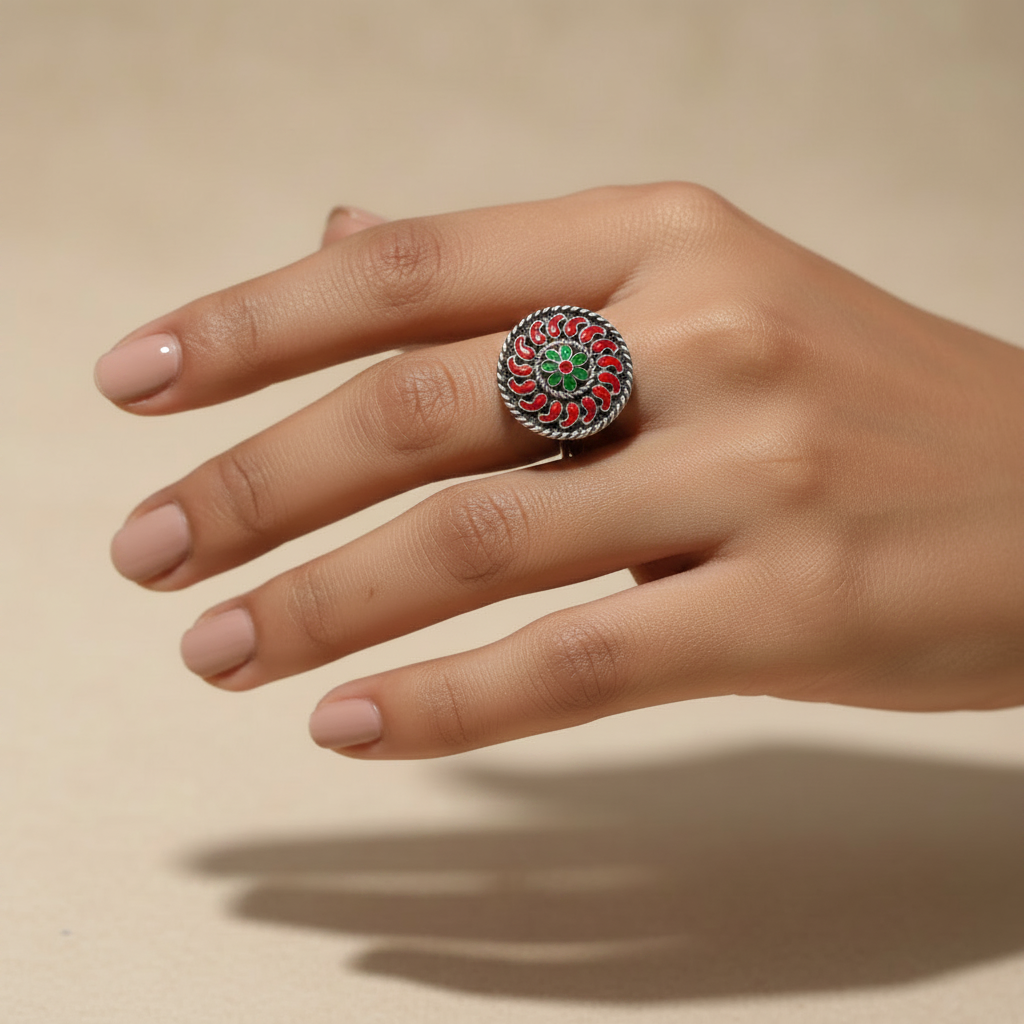 Green Stone & Enamel Silver Ring - Adjustable