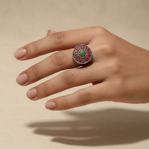 Green Stone & Enamel Silver Ring - Adjustable