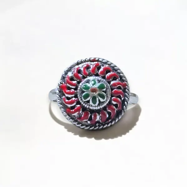 Green Stone & Enamel Silver Ring - Adjustable