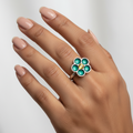 Green Petaled Enamel Silver Ring - Adjustable
