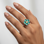 Green Petaled Enamel Silver Ring - Adjustable