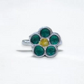 Green Petaled Enamel Silver Ring - Adjustable