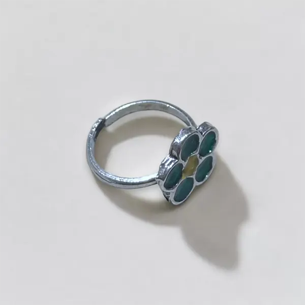 Green Petaled Enamel Silver Ring - Adjustable