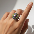 Yellow Enameled Round Silver Ring - Adjustable