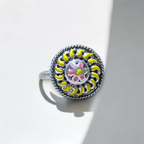 Yellow Enameled Round Silver Ring - Adjustable