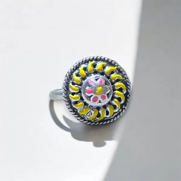 Yellow Enameled Round Silver Ring - Adjustable