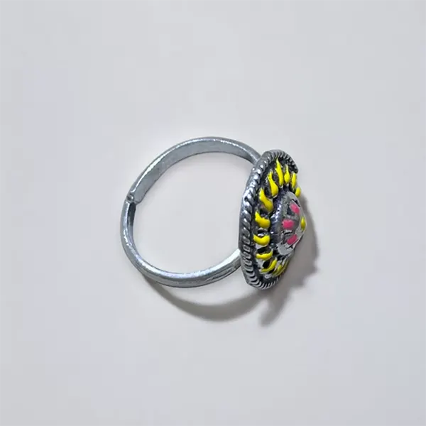 Yellow Enameled Round Silver Ring - Adjustable