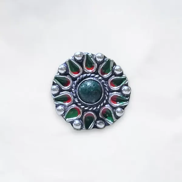 Green Stone & Enamel Silver Ring - Adjustable