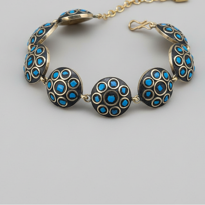 Blue Circle Tibetan Stone Brass Bracelet