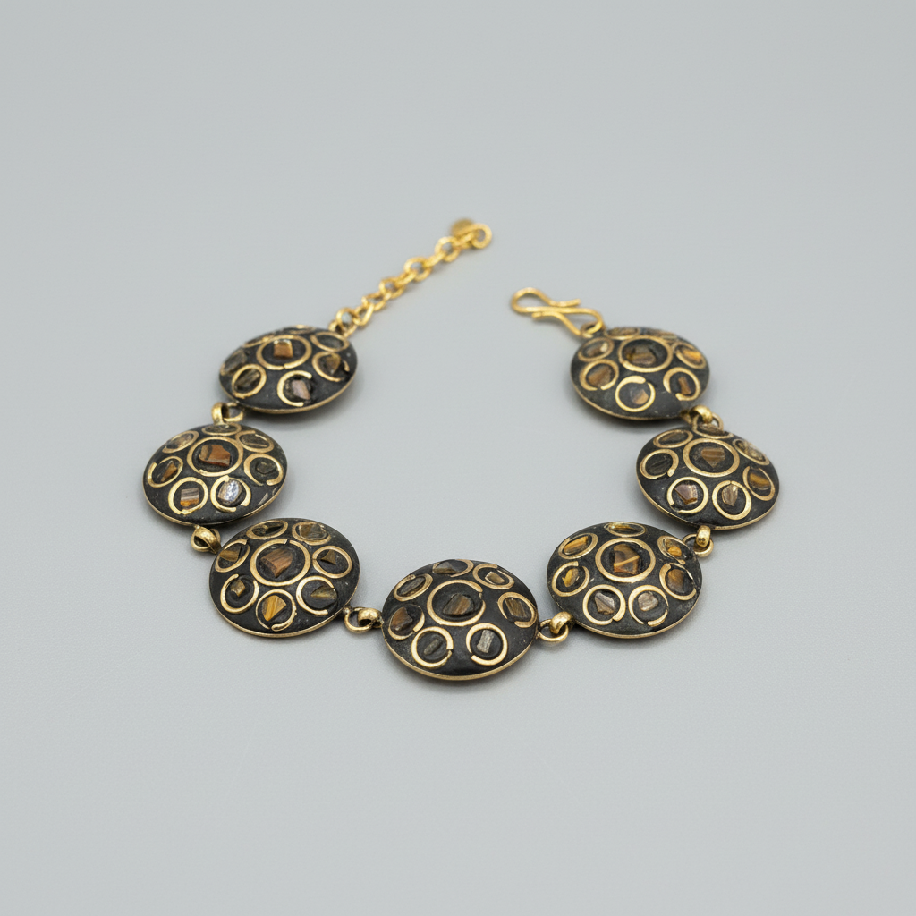 Tiger’s Eye Circle Tibetan Stone Brass Bracelet
