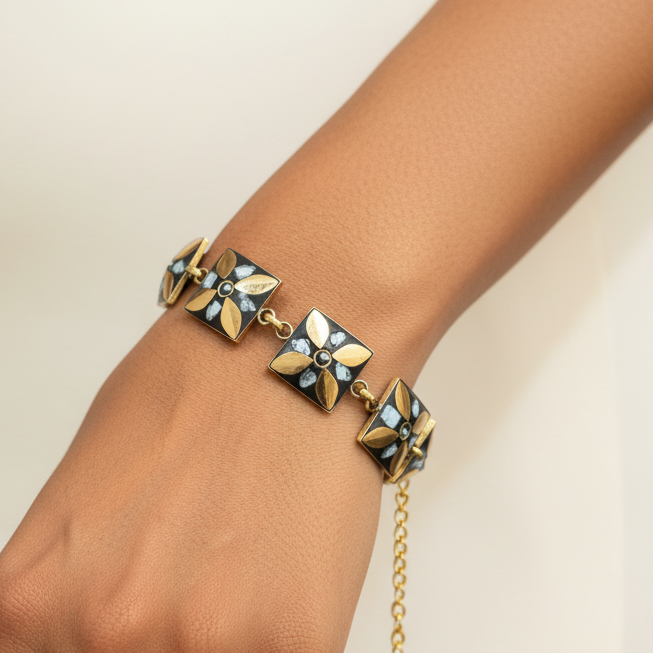 Golden Shell Square Tibetan Stone Brass Bracelet