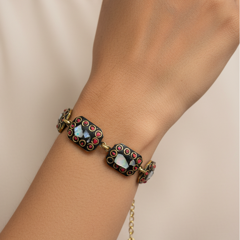Shell & Coral Rectangle Tibetan Stone Brass Bracelet