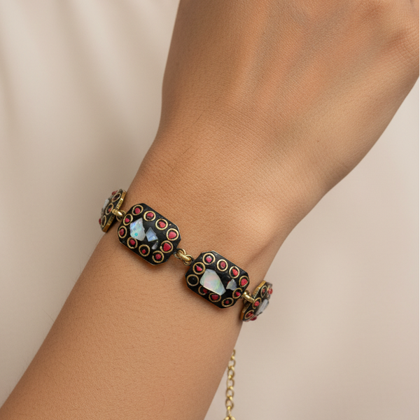 Shell & Coral Rectangle Tibetan Stone Brass Bracelet
