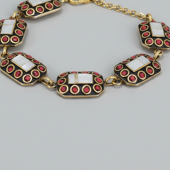 Shell & Coral Rectangle Tibetan Stone Brass Bracelet