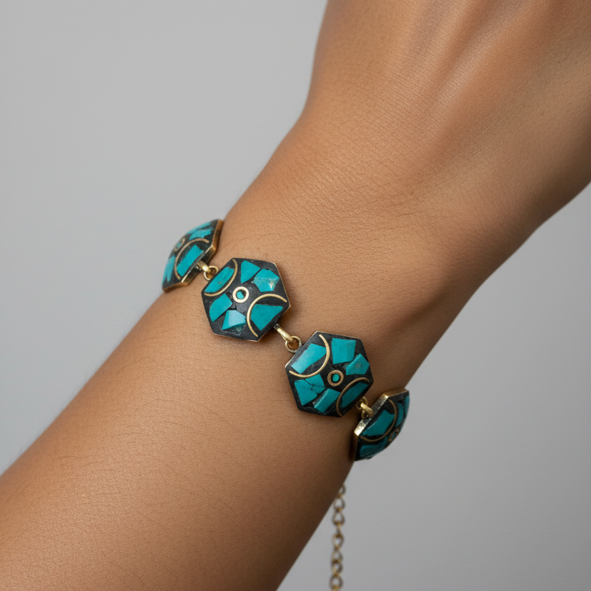 Turquoise Hexagon Tibetan Stone Brass Bracelet