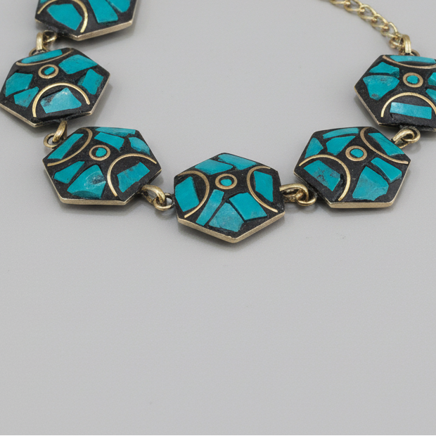 Turquoise Hexagon Tibetan Stone Brass Bracelet
