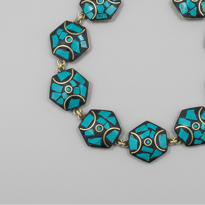 Turquoise Hexagon Tibetan Stone Brass Bracelet