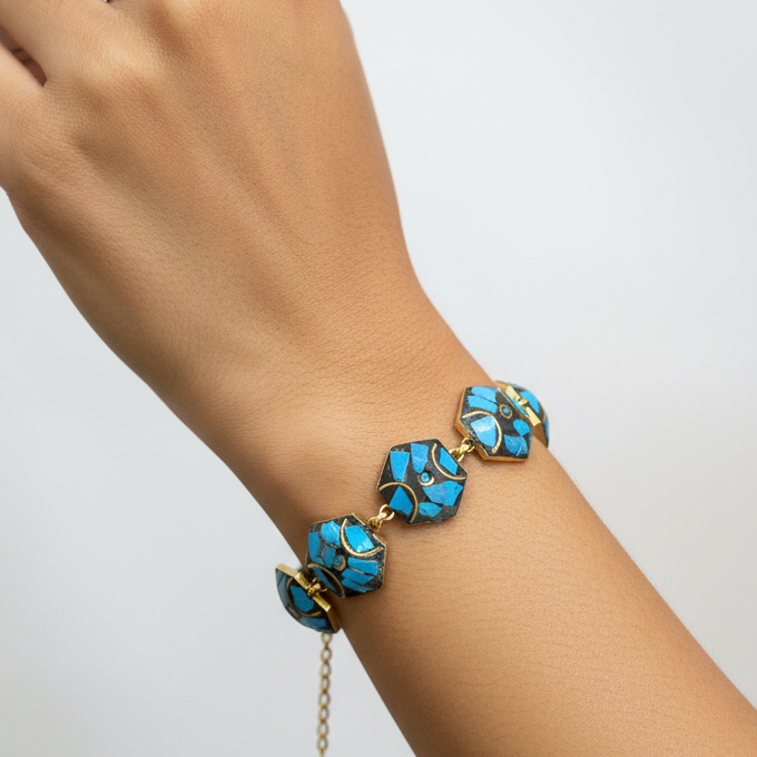 Blue Hexagon Tibetan Stone Brass Bracelet