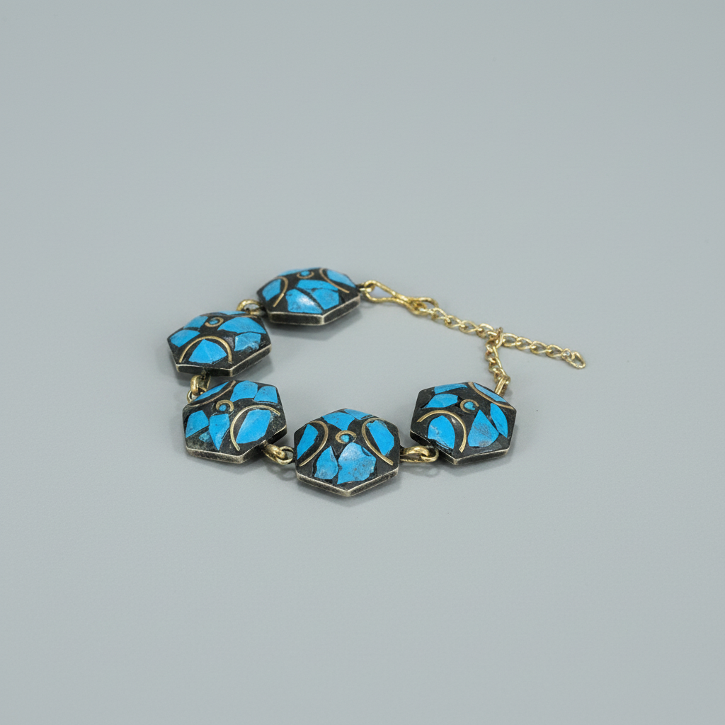 Blue Hexagon Tibetan Stone Brass Bracelet