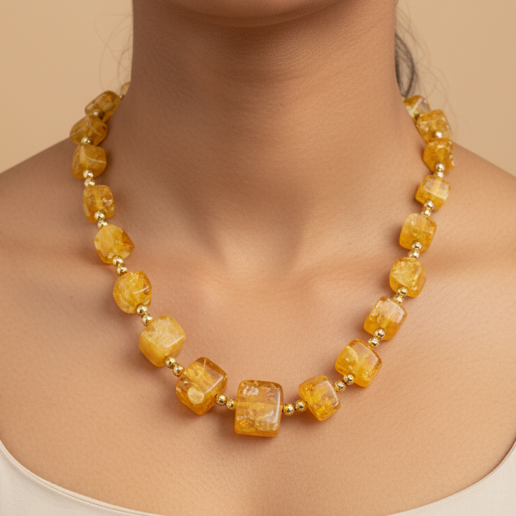 Amber Yellow Candy Bead Fiber Necklace