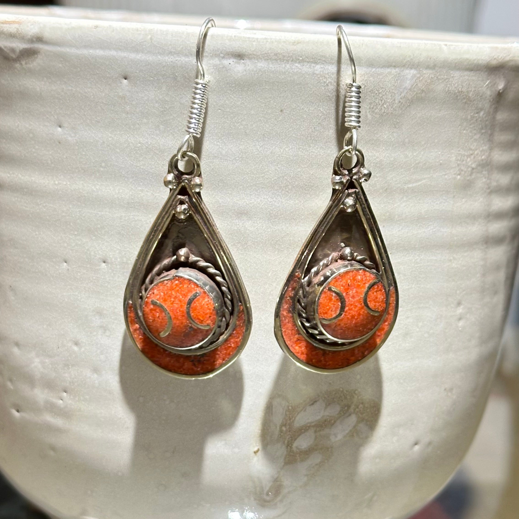 Red Teardrop Tibetan Stone Earrings