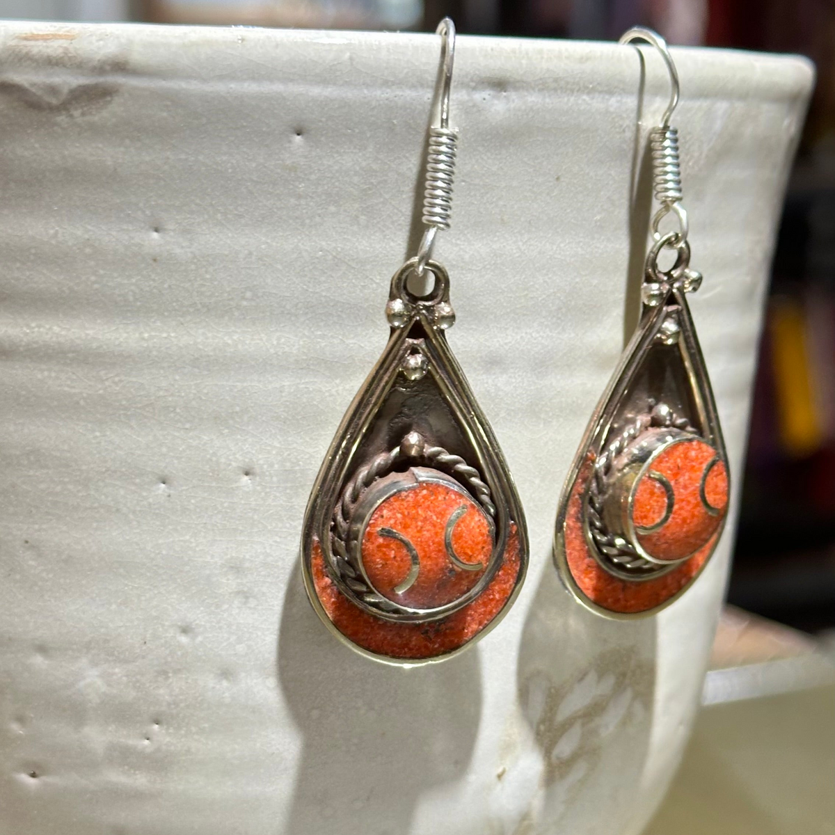 Red Teardrop Tibetan Stone Earrings