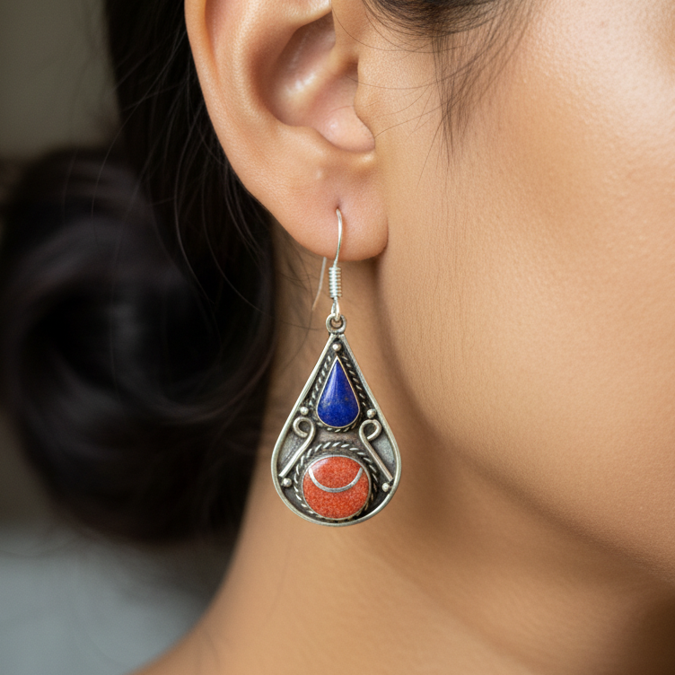 Red & Blue Teardrop Tibetan Stone Earrings