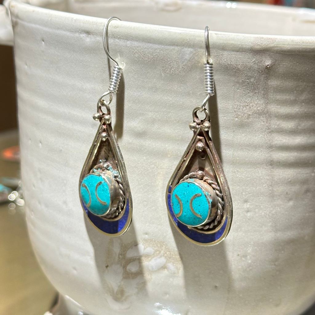 Turquoise & Blue Teardrop Tibetan Stone Earrings