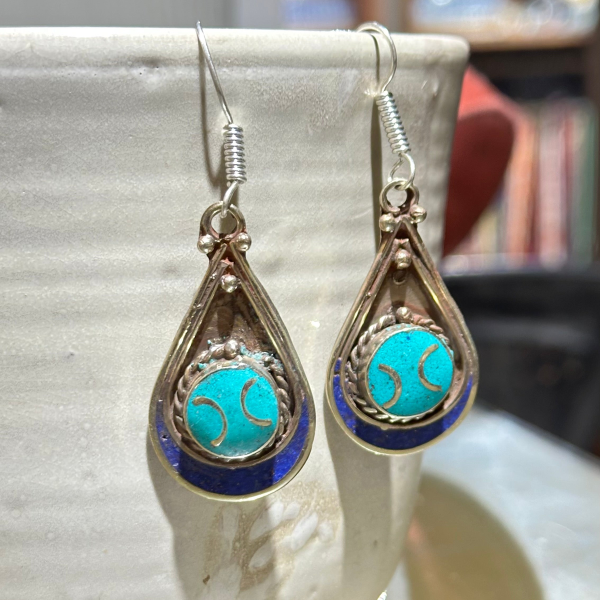 Turquoise & Blue Teardrop Tibetan Stone Earrings