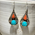 Turquoise & Red Teardrop Tibetan Stone Earrings