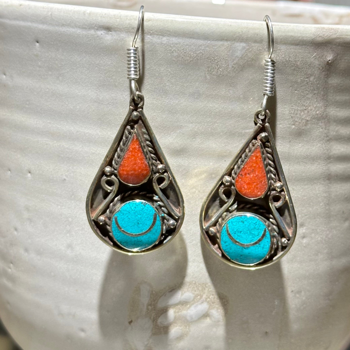 Turquoise & Red Teardrop Tibetan Stone Earrings