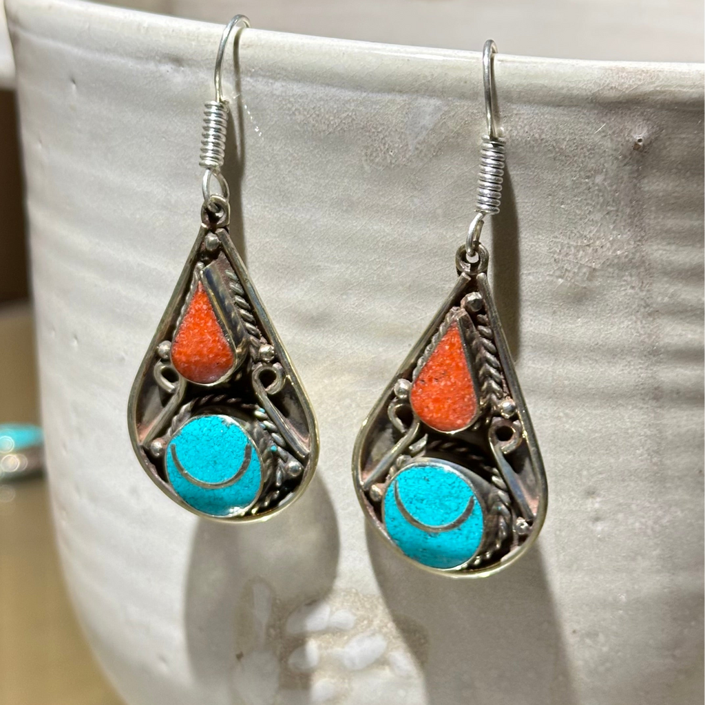 Turquoise & Red Teardrop Tibetan Stone Earrings