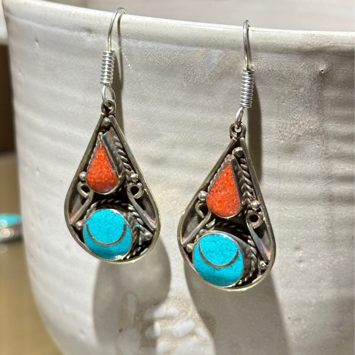 Turquoise & Red Teardrop Tibetan Stone Earrings
