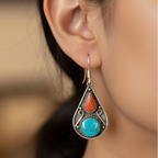 Turquoise & Red Teardrop Tibetan Stone Earrings
