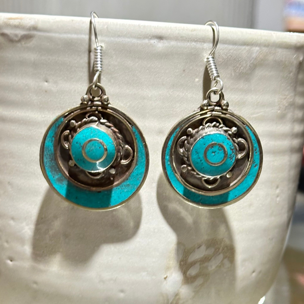 Turquoise Concentric Circle Tibetan Stone Earrings