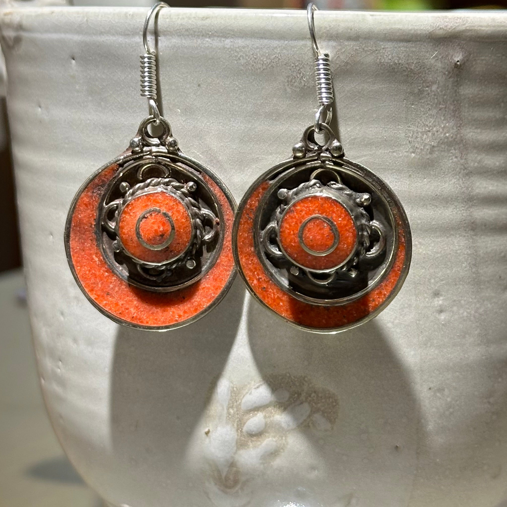 Red Concentric Circle Tibetan Stone Earrings