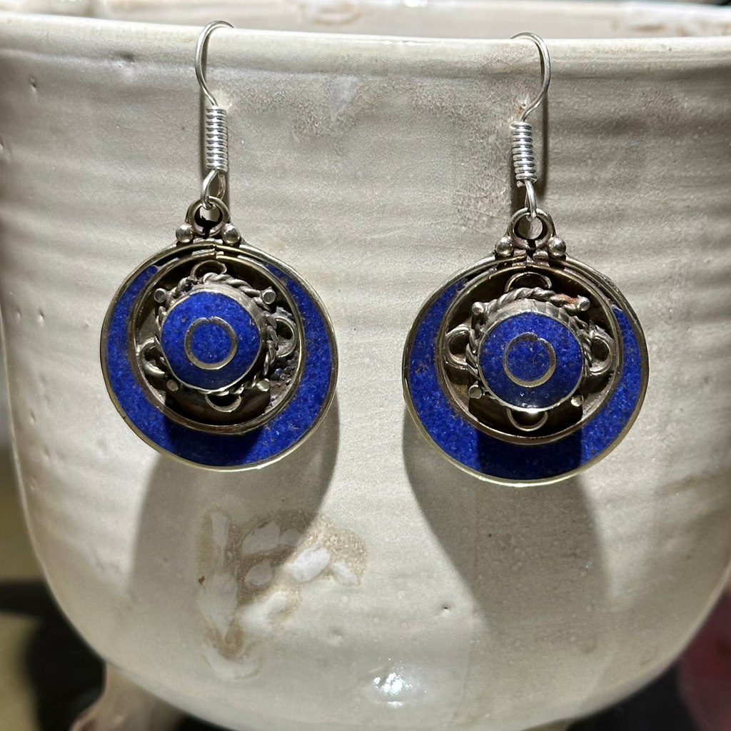 Deep Blue Concentric Circle Tibetan Stone Earrings