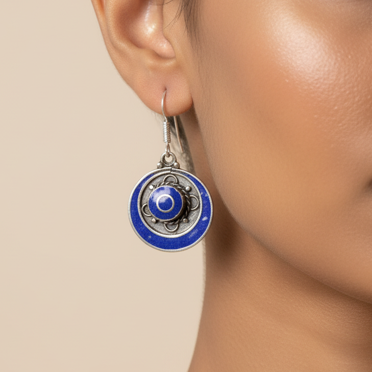Deep Blue Concentric Circle Tibetan Stone Earrings
