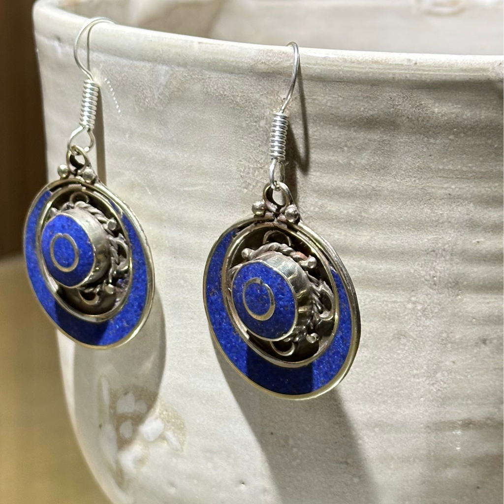Deep Blue Concentric Circle Tibetan Stone Earrings