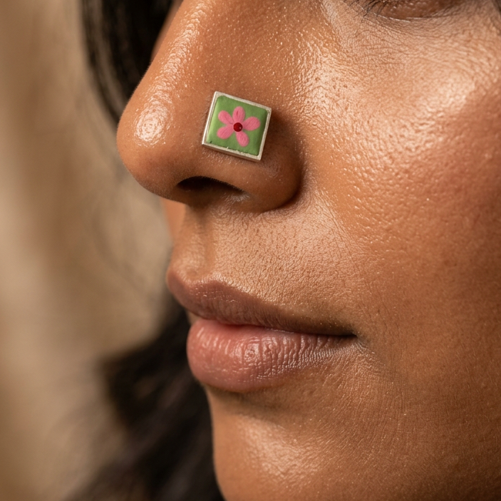 Blush Bloom – Grey and Pink Floral Handpainted 925 Sterling Silver Nose Pin
